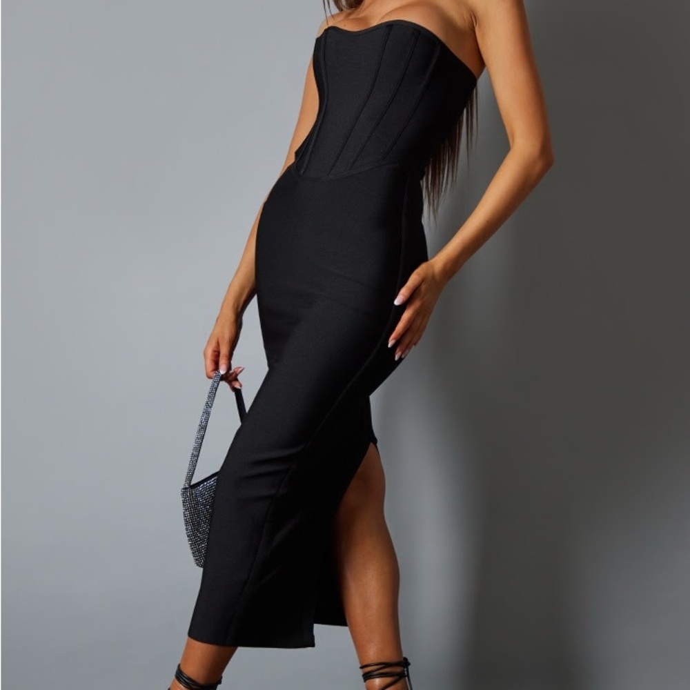Pretty Little Thing Black Corset Detail Bandeau Bandage Midaxi Dress